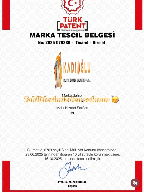 Kadıoğlu marka tescil belgesi, Türk Patent ve Marka Kurumu
